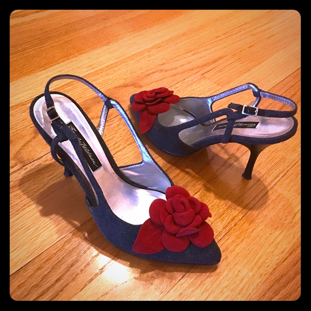 Beverly Feldman Blue Heels with Red Flower Accent